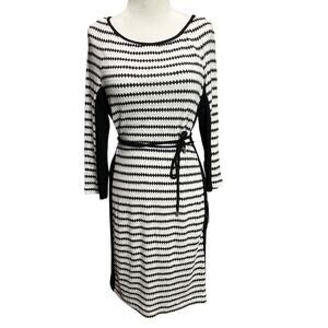 Studio One Knit Dress S Black White Diamond Striped Belted Stretch Work Career